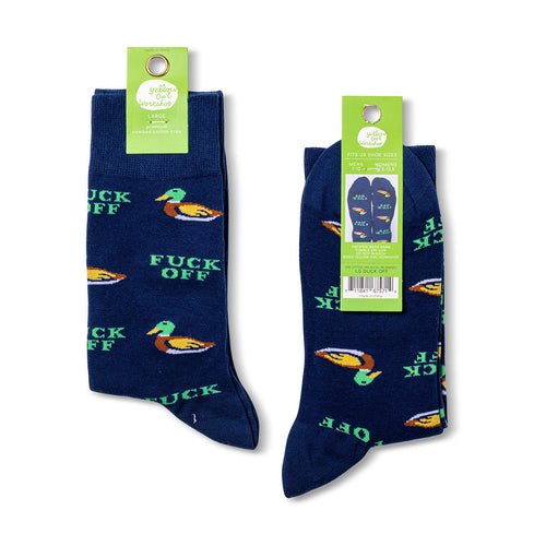 Duck Off crew socks packaging front and back by Yellow Owl Workshop