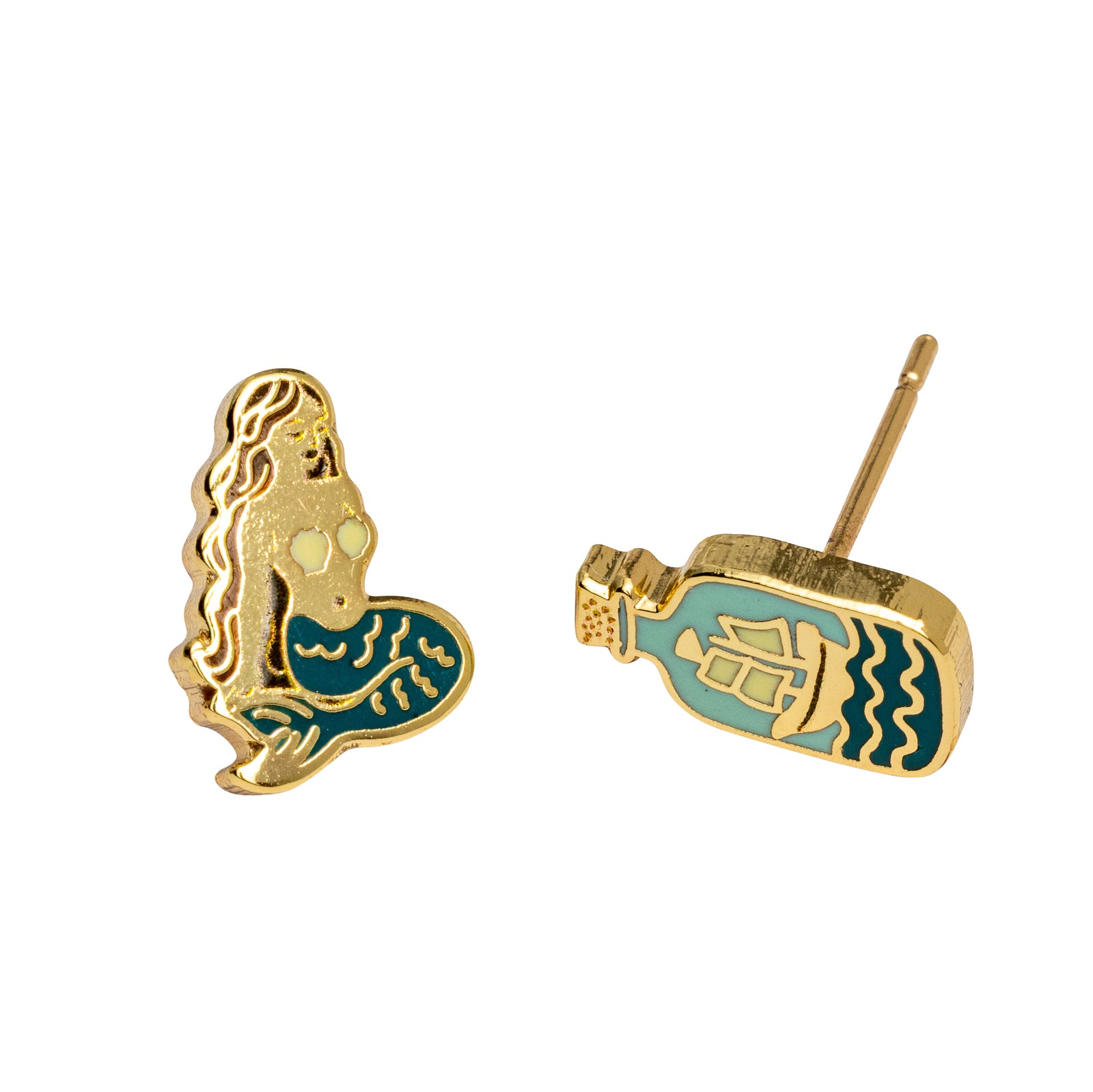 Mismatched mermaid and message in a bottle stud earrings by Yellow Owl Workshop. Gold-tone enamel earrings featuring a mermaid with a teal tail and a turquoise glass bottle with a sailing ship inside. Ocean-inspired jewelry for mermaid lovers and nautical accessory fans.