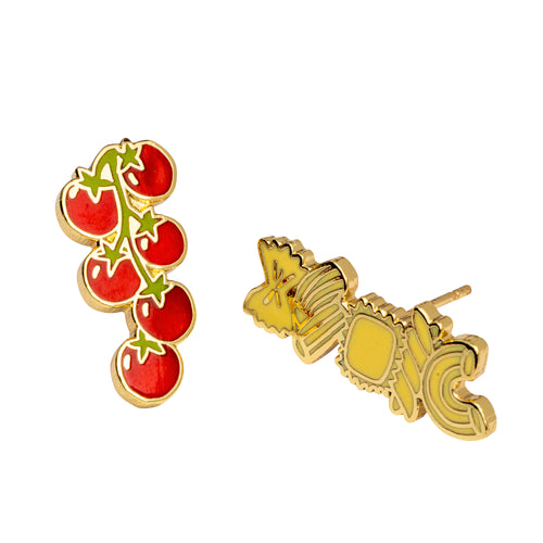 Mismatched tomatoes and pasta stud earrings by Yellow Owl Workshop, featuring red cherry tomatoes on the vine and yellow pasta shapes with gold-tone outlines. Colorful food-themed statement earrings for pasta lovers and Italian food enthusiasts.
