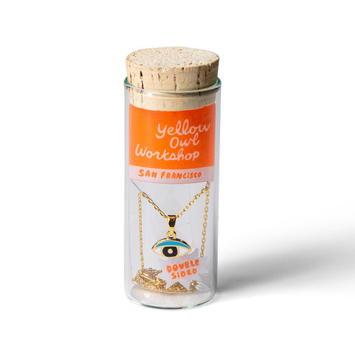 Eyes and Lips double-sided enamel pendant necklace in glass vial cork packaging by Yellow Owl Workshop