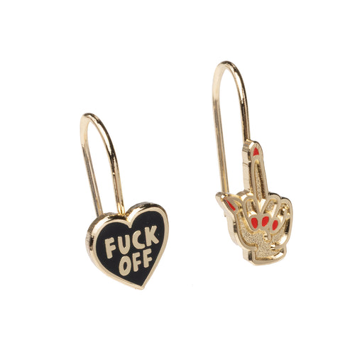 Pair of earrings with one heart-shaped pendant with 'F*** OFF' text and the other resembling a hand gesture with red accents on a white background.
