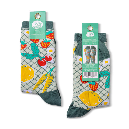 Farmers Market crew socks packaging front and back by Yellow Owl Workshop