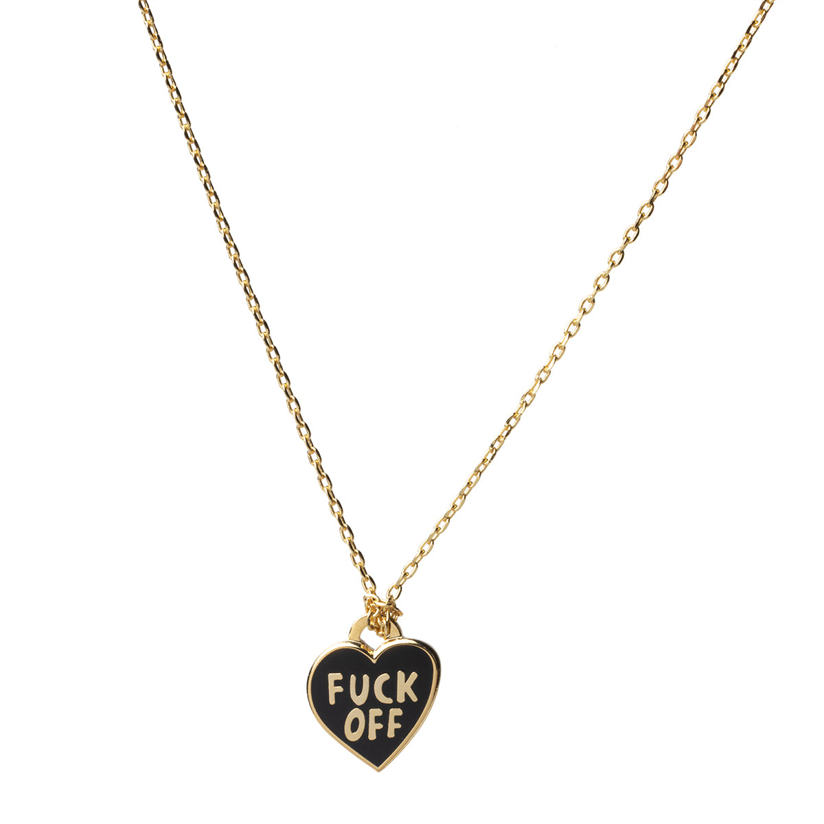 Black cloisonné F ck Off heart pendant necklace gilded in 22 karat gold by Yellow Owl Workshop