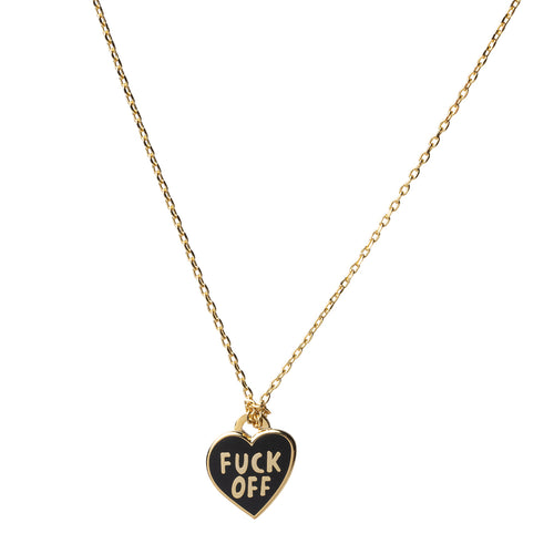 Black cloisonné F ck Off heart pendant necklace gilded in 22 karat gold by Yellow Owl Workshop