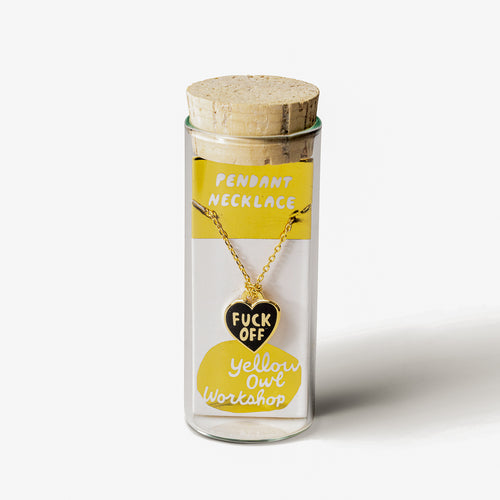 Fuck Off heart cloisonné enamel pendant necklace in glass vial packaging by Yellow Owl Workshop
