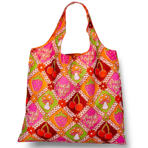 Illustrated reusable tote bag with retro cherry strawberry and mushroom print and cheeky text by Yellow Owl Workshop