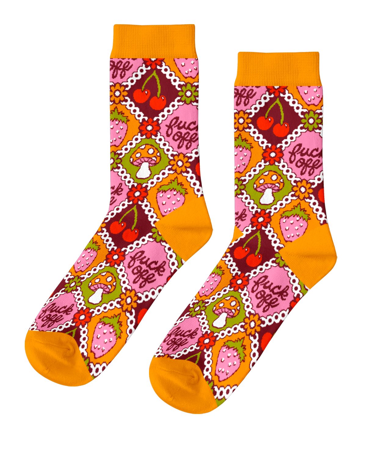Orange crew socks featuring retro patchwork design with cherries strawberries mushrooms and F*ck Off text in vintage 70s style by Yellow Owl Workshop