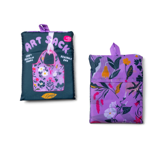 Floral Art Sack® folded front and back showing whimsical floral illustration and red Art Sack® packaging by Banquet Workshop for Yellow Owl Workshop
