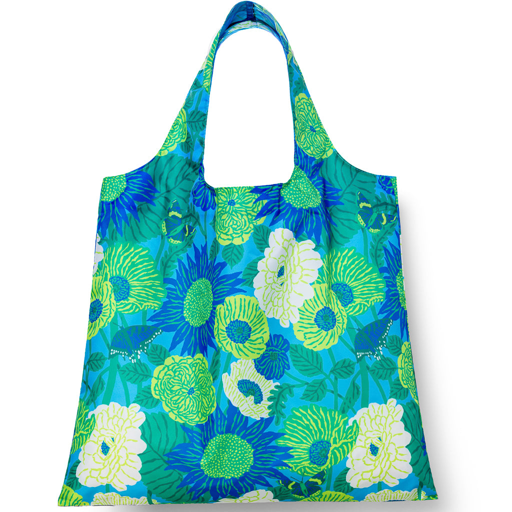 Illustrated reusable tote bag featuring bold oversized floral print in cobalt blue chartreuse and white by Emily Taylor for Yellow Owl Workshop