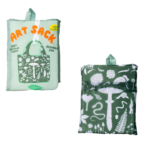 Forest Art Sack® folded front and back showing white on green forest illustration and red Art Sack® packaging by Banquet Workshop for Yellow Owl Workshop