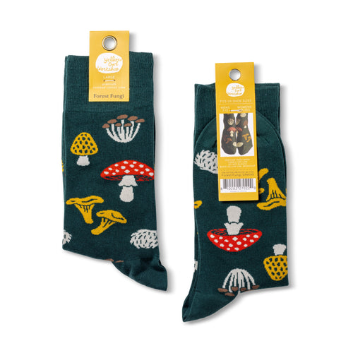 Forest Fungi crew socks packaging front and back by Yellow Owl Workshop