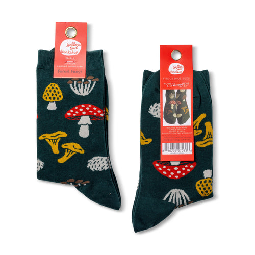 Forest Fungi crew socks small size packaging front and back by Yellow Owl Workshop