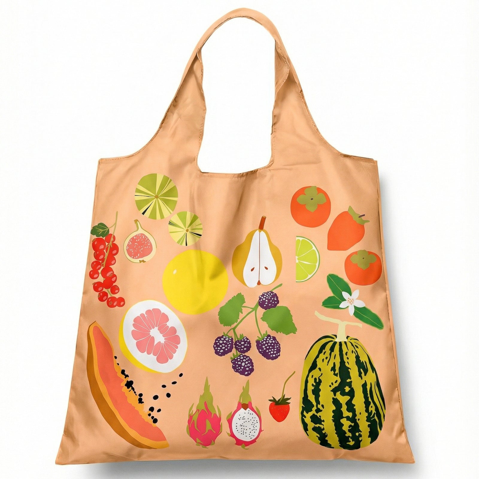 Peach illustrated reusable tote bag featuring colorful fruit illustrations including grapefruit blackberries persimmons dragon fruit and watermelon by Yellow Owl Workshop