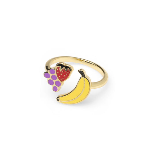 Gold adjustable fruit ring with banana strawberry and grapes in bright enamel by Yellow Owl Workshop
