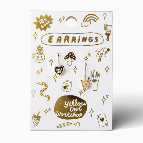 F*ck Off Heart and Middle Finger mismatched enamel drop earrings on gold foil matchbook card by Yellow Owl Workshop