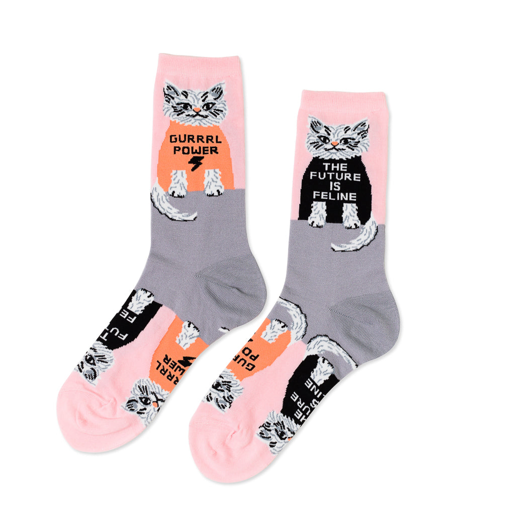 Pink and grey crew socks featuring cats wearing Gurrrl Power and The Future is Feline shirts by Yellow Owl Workshop