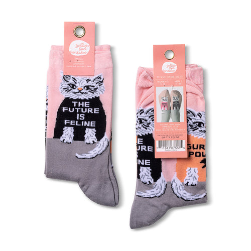 Future is Feline crew socks packaging front and back by Yellow Owl Workshop