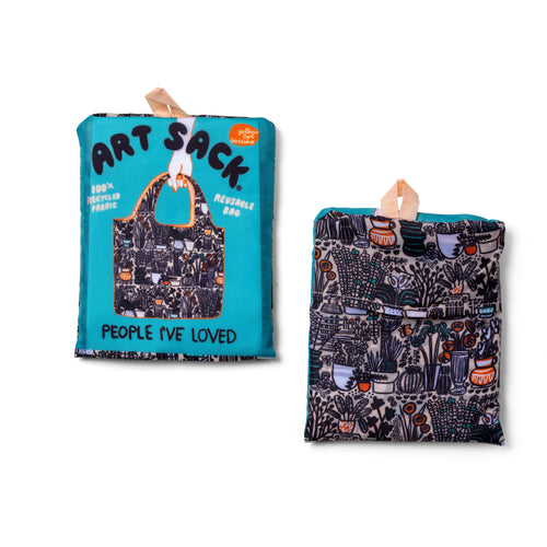 Garden Art Sack® folded front and back showing illustrated potted plant print and red Art Sack® packaging by People I've Loved for Yellow Owl Workshop