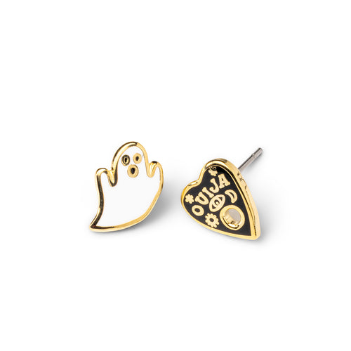 Mismatched cloisonné stud earrings featuring white gold ghost and black Ouija planchette gilded in 22 karat gold by Yellow Owl Workshop