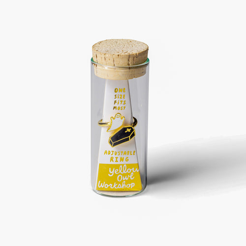 Ghost gold adjustable enamel ring in glass vial cork packaging by Yellow Owl Workshop