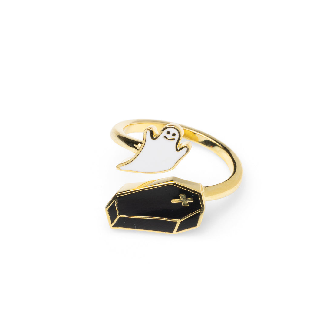 Gold adjustable ghost ring with white smiling ghost and black coffin by Yellow Owl Workshop