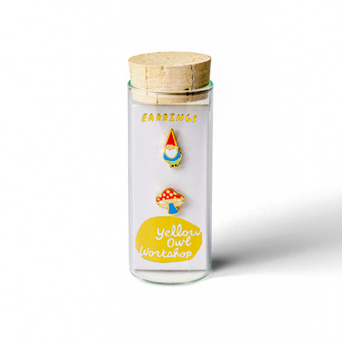 Gnome and Mushroom mismatched gold stud earrings in gift-ready glass vial by Yellow Owl Workshop