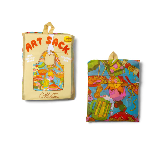 Gourmand Art Sack® folded front and back showing retro food illustration and red Art Sack® packaging by Clay Hickson for Yellow Owl Workshop