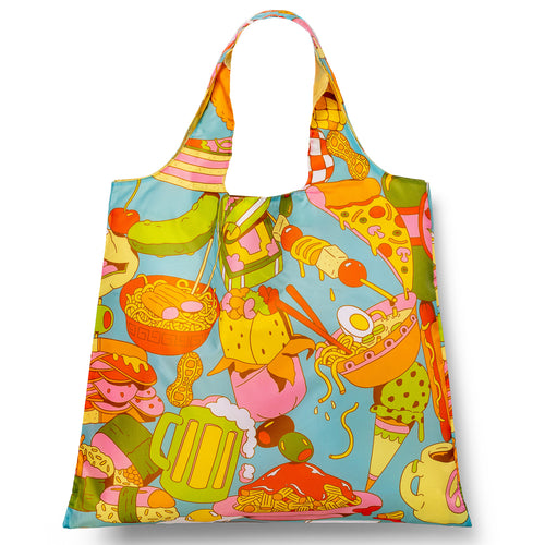 Illustrated reusable tote bag featuring bold retro food illustrations including ramen hot dogs pizza and spam musubi by Clay Hickson for Yellow Owl Workshop