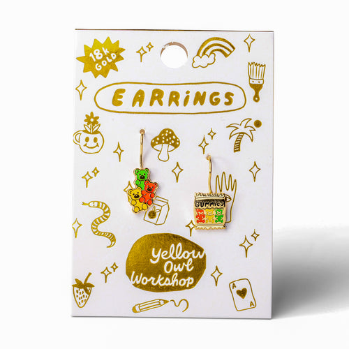 Gummies mismatched enamel drop earrings on gold foil matchbook card by Yellow Owl Workshop