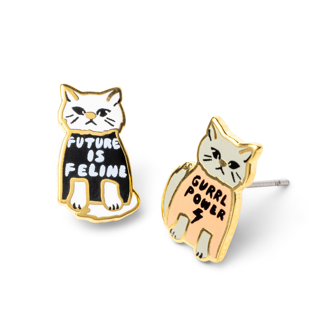 Mismatched cloisonné cat stud earrings with Future is Feline black cat and Gurrl Power peach cat gilded in 22 karat gold by Yellow Owl Workshop