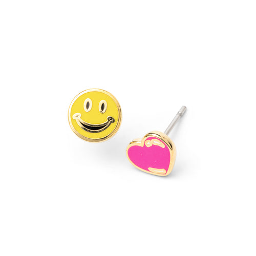 Mismatched gold stud earrings featuring yellow smiley face and hot pink heart by Yellow Owl Workshop