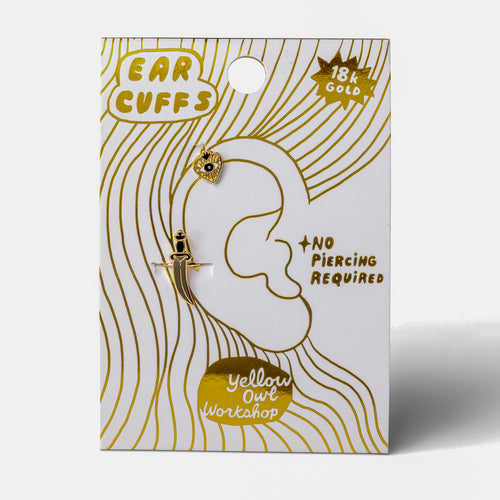 Heart and Dagger no-piercing gold ear cuffs on gold foil matchbook card by Yellow Owl Workshop