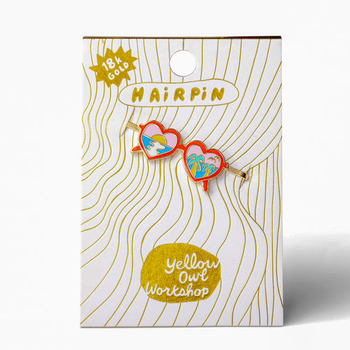 Heart Shades gold cloisonné enamel hair pin in packaging by Yellow Owl Workshop
