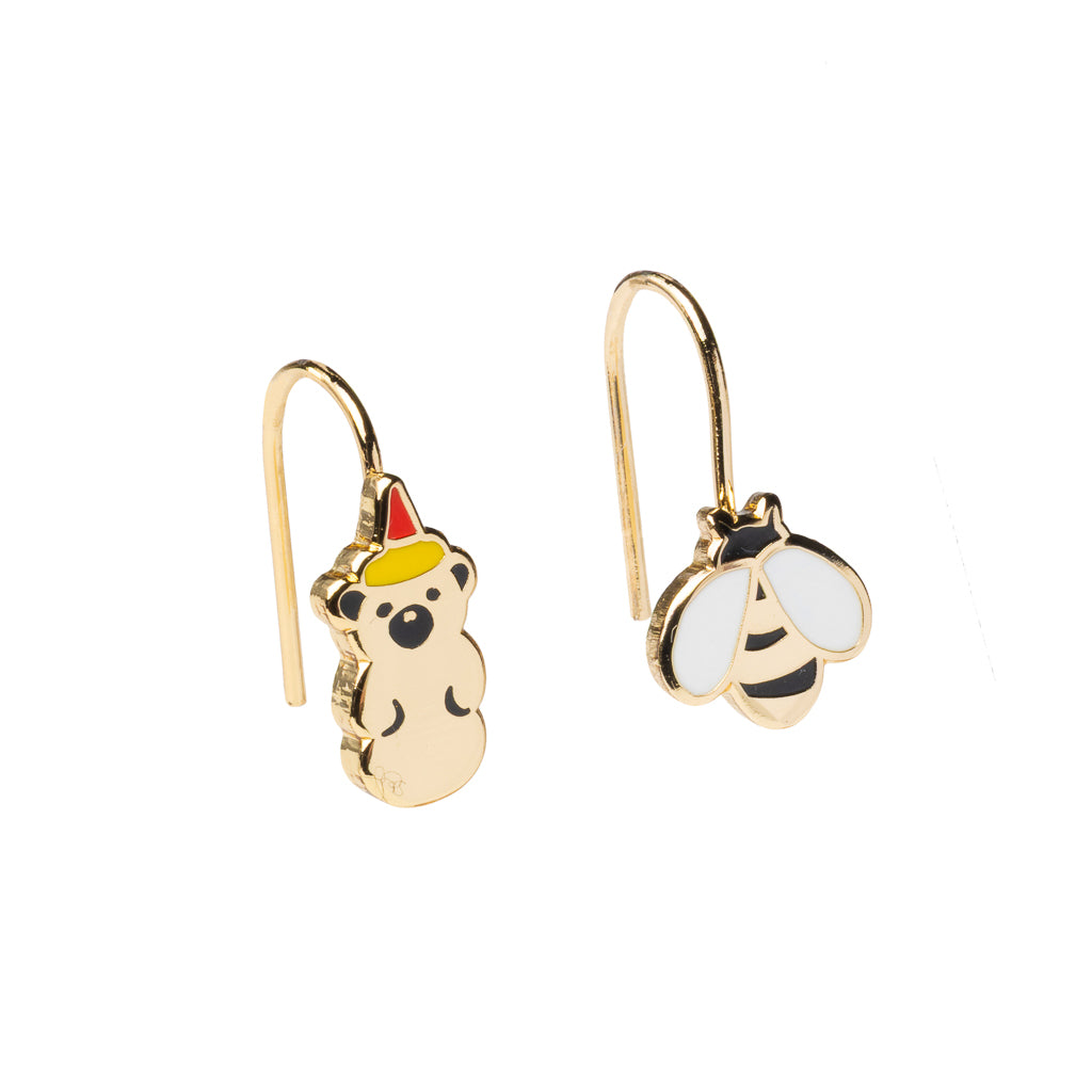 Mismatched enamel drop earrings featuring honey bear bottle and honey bee by Yellow Owl Workshop