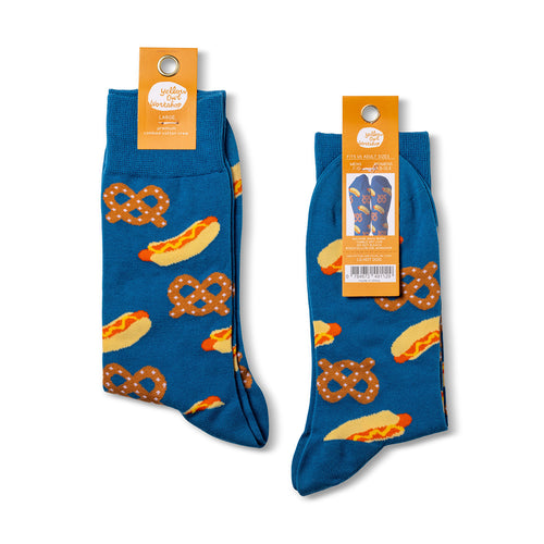 Hot Dog and Pretzel crew socks packaging front and back by Yellow Owl Workshop
