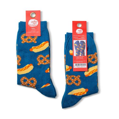 Hot Dog and Pretzel crew socks small size packaging front and back by Yellow Owl Workshop