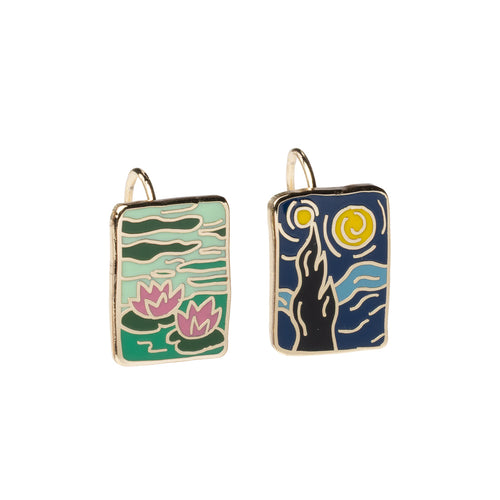 Mismatched enamel drop earrings featuring Monet Water Lilies with pink flowers on green and Van Gogh Starry Night with swirling navy sky and yellow moon by Yellow Owl Workshop