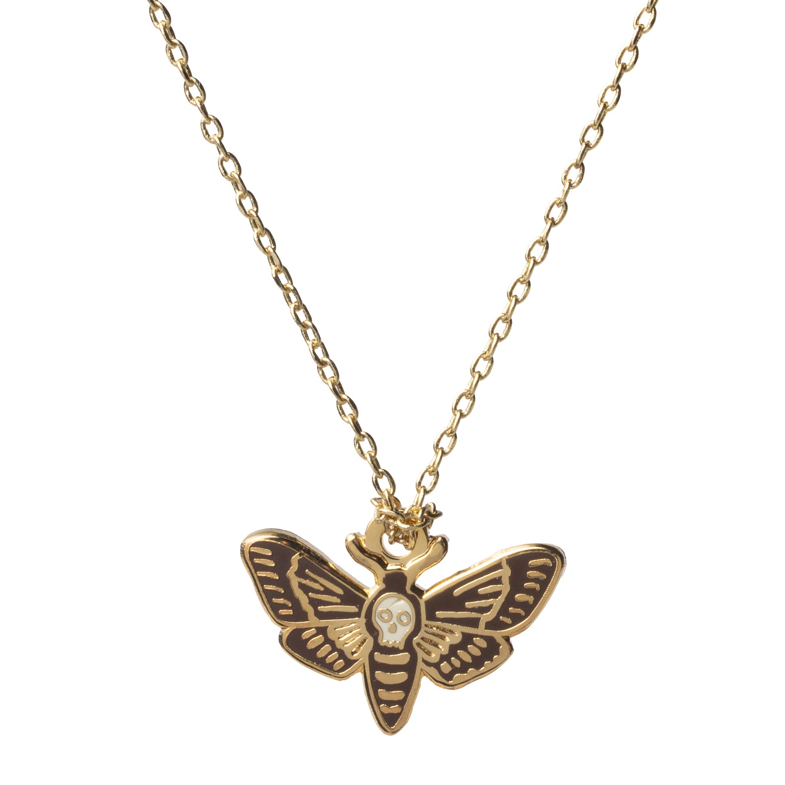 Yellow Owl Workshop Deathshead Hawkmoth pendant necklace featuring a brown and gold moth with outstretched wings and a skull design on its body. Gold-tone enamel moth charm on a delicate gold chain, inspired by the death's-head hawkmoth. Gothic-inspired statement jewelry for moth lovers, dark academia style, Halloween, and witchy accessories.