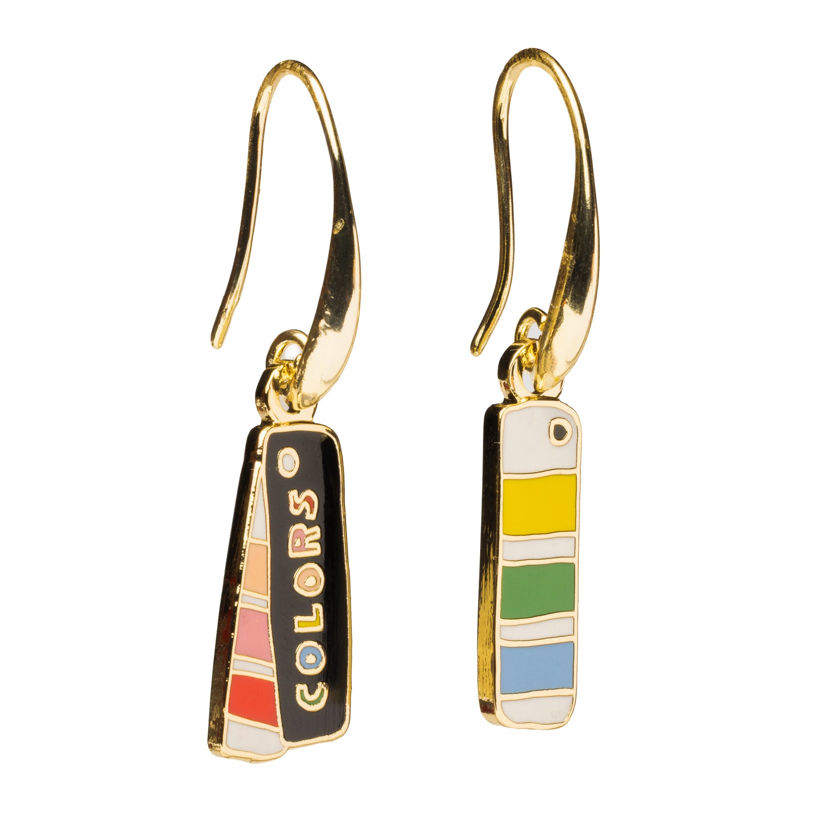 A pair of gold-tone fishhook drop earrings featuring colorful enamel color swatch charms. One charm is black with the word 'COLORS' in gold and red, orange, pink, and beige stripes.