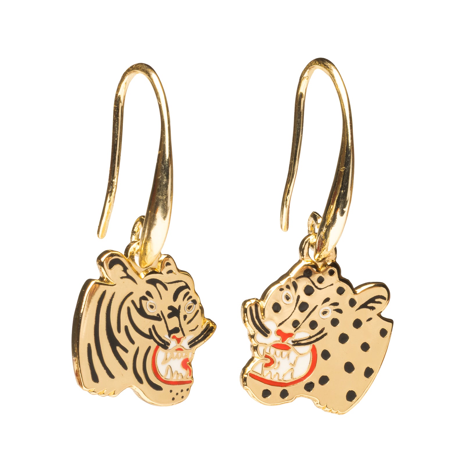 Mismatched enamel drop earrings featuring roaring tiger and cheetah in traditional tattoo style by Kristina Micotti for Yellow Owl Workshop