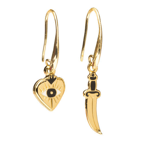 Mismatched enamel drop earrings featuring gold all-seeing eye sunburst heart and gold dagger in traditional tattoo style by Yellow Owl Workshop