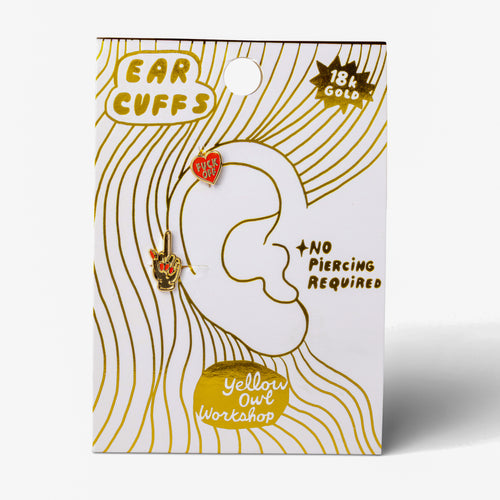F*ck Off and Middle Finger no-piercing gold ear cuffs on gold foil matchbook card by Yellow Owl Workshop