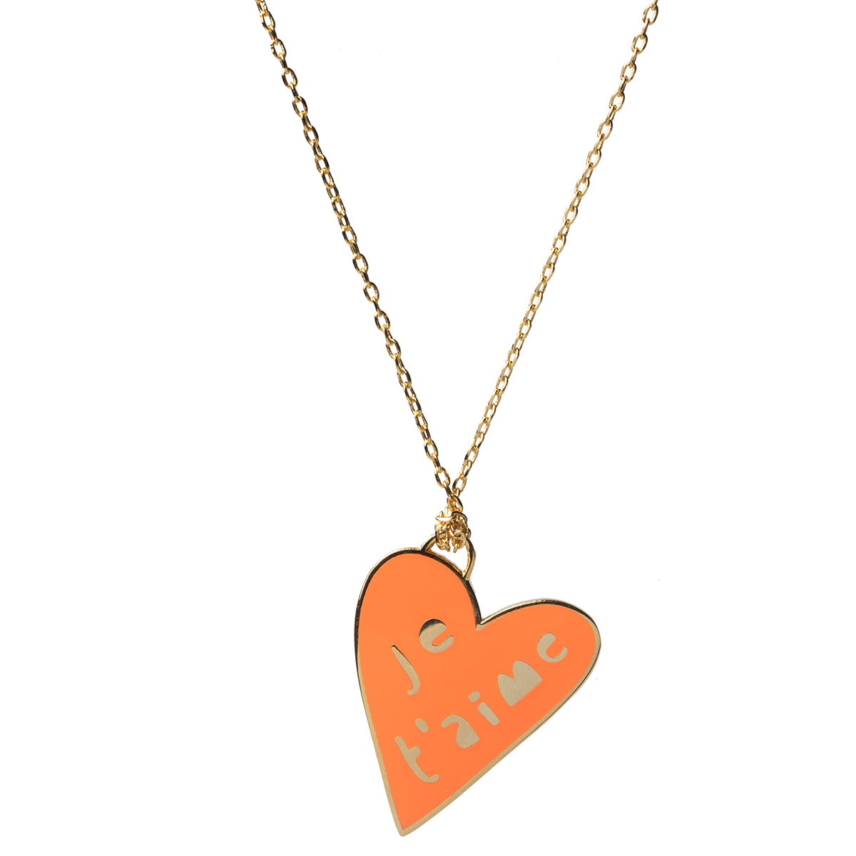 Coral cloisonné heart pendant necklace with je t'aime cut out in 22 karat gold by Yellow Owl Workshop
