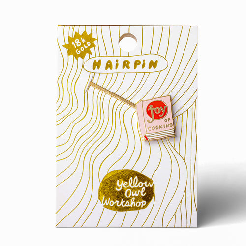 Joy of Cooking gold cloisonné enamel hair pin in packaging by Yellow Owl Workshop
