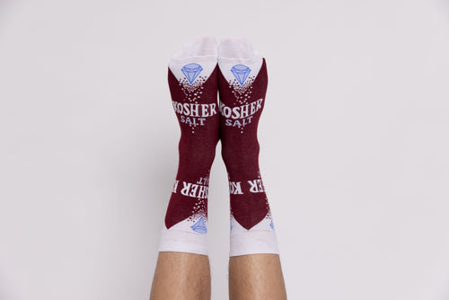 Burgundy Kosher Salt crew socks worn on feet by Yellow Owl Workshop