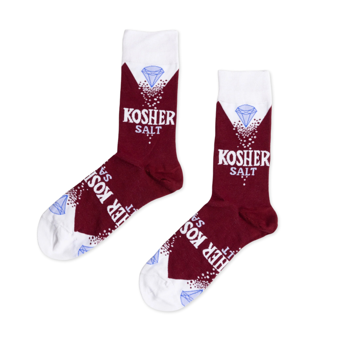Burgundy and white crew socks designed to look like a Kosher Salt box with diamond logo by Yellow Owl Workshop