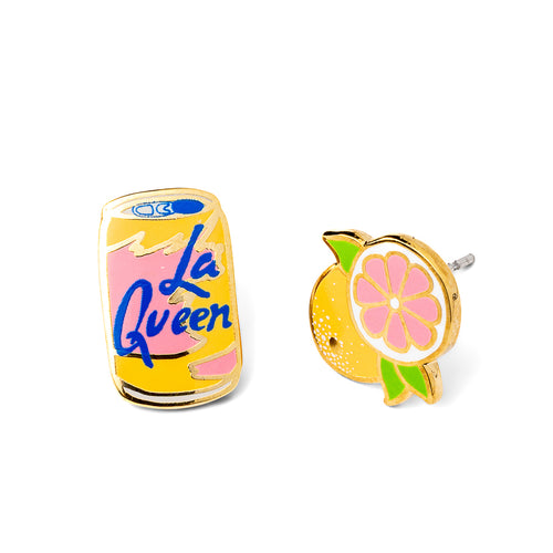 Mismatched gold stud earrings featuring La Queen sparkling water can and pink grapefruit slice with green leaf by Yellow Owl Workshop