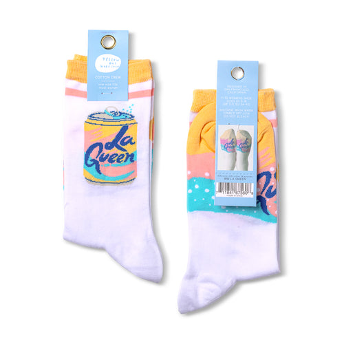 White La Queen crew socks with grapefruit and sparkling water can print worn on feet by Yellow Owl Workshop