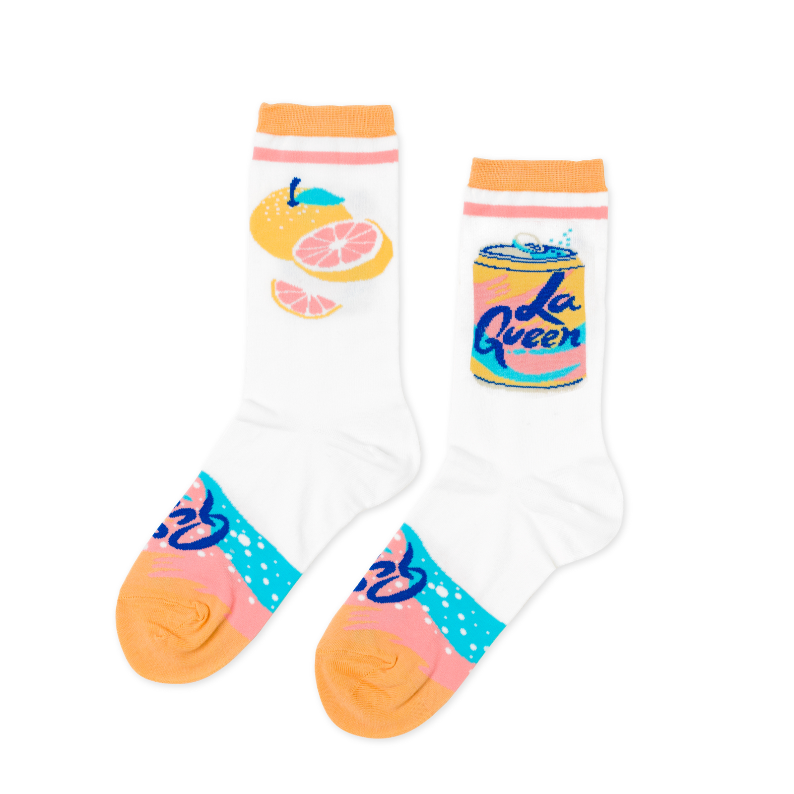 White crew socks featuring grapefruit and La Queen sparkling water can illustration with orange cuff and pink stripe by Yellow Owl Workshop
