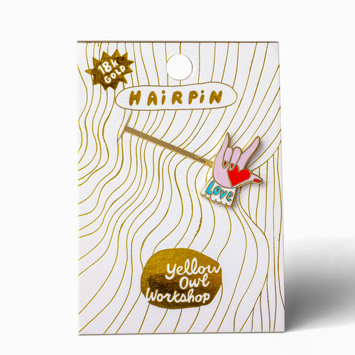 Love gold cloisonné enamel hair pin in packaging by Yellow Owl Workshop